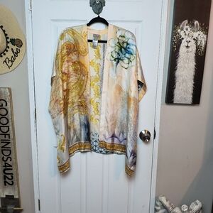 Chico's Watercolor Script SILK Ruana, Multicolor - Floral Kimono ONE SIZE